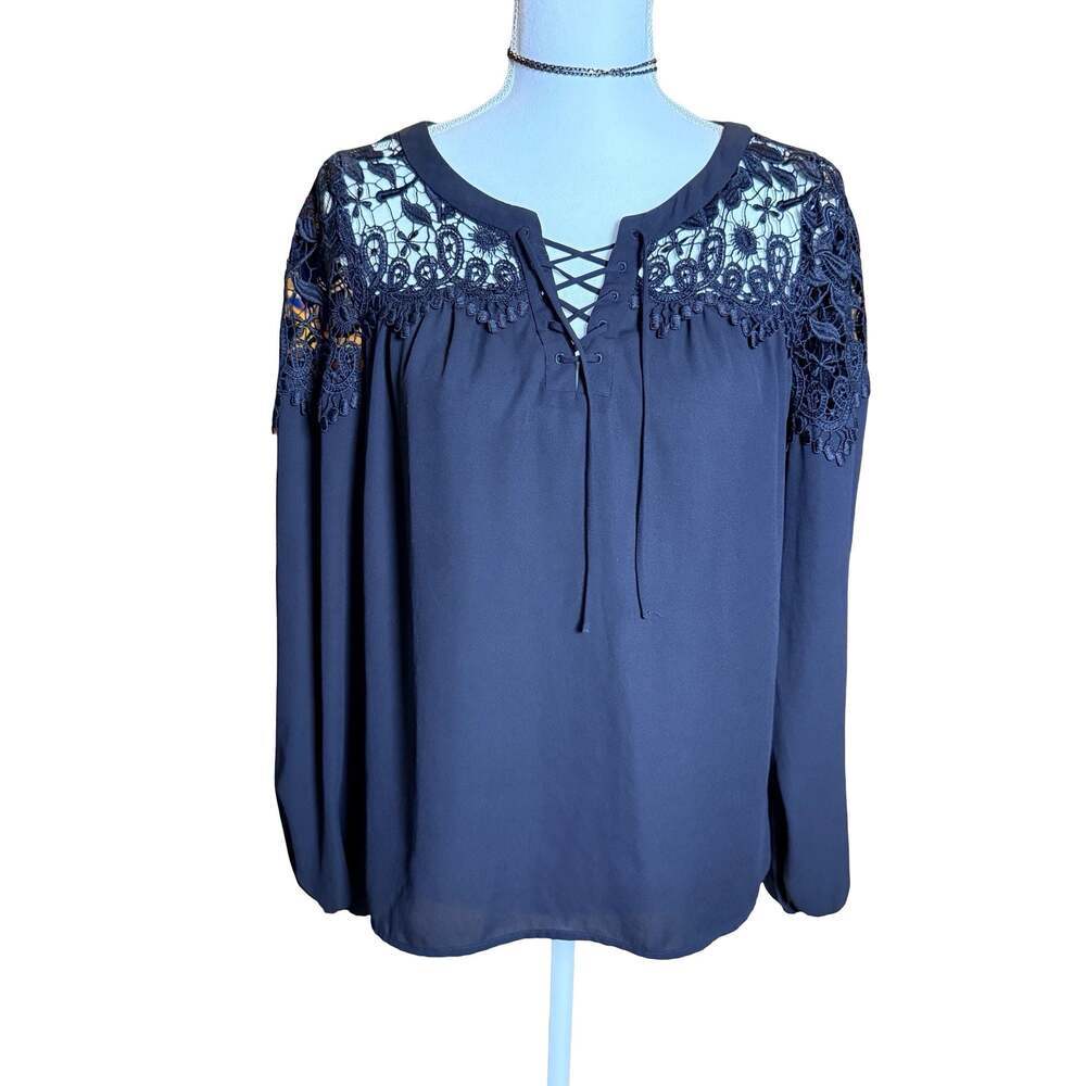 Express Black Long Sleeve Blouse with Lace Crochet Yoke Lace-Up Neckline
